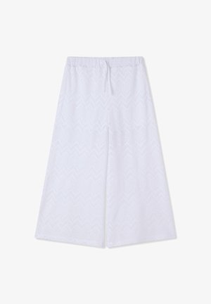 Pantaloni bianchi a gamba larga con motivo in pizzo a forma di zigzag e vita elastica con coulisse anteriore.