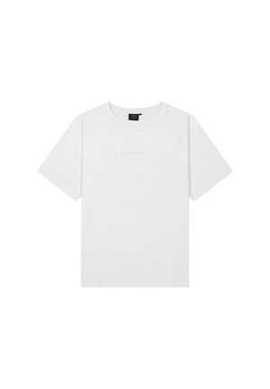 Schlichtes weißes T-Shirt mit kurzen Ärmeln, rundem Halsausschnitt und einem kleinen schwarzen Etikett innen am Kragen.