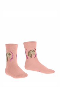 Rosa Baumwollsocken mit einem Pferdemotiv, umgeben von lila Blumenmustern. Knöchellang mit gerippten Bündchen für zusätzlichen Komfort.