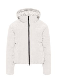 Witte corduroy pufferjack met een capuchon, voorzien van een zwarte rits, twee zijzakken en een gewatteerd ontwerp voor isolatie.