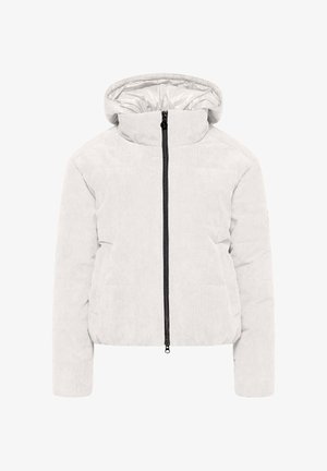 Weißer Cord-Pufferjacke mit Kapuze, ausgestattet mit einem schwarzen Reißverschluss, zwei seitlichen Taschen und einem gesteppten Design für Wärmeisolierung.