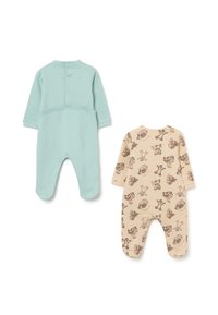 Zwei Babystrampler: einer aus hellblauem Baumwollstoff, mit langen Ärmeln und Druckknopfverschluss; der andere in Beige mit einem verspielten Tiermuster.