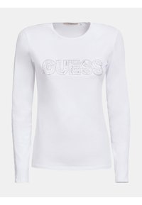 Weiße Langarmbluse aus glattem Baumwollstoff mit einem dekorativen "GUESS"-Logo aus Strasssteinen auf der Brust. Rundhalsausschnitt.