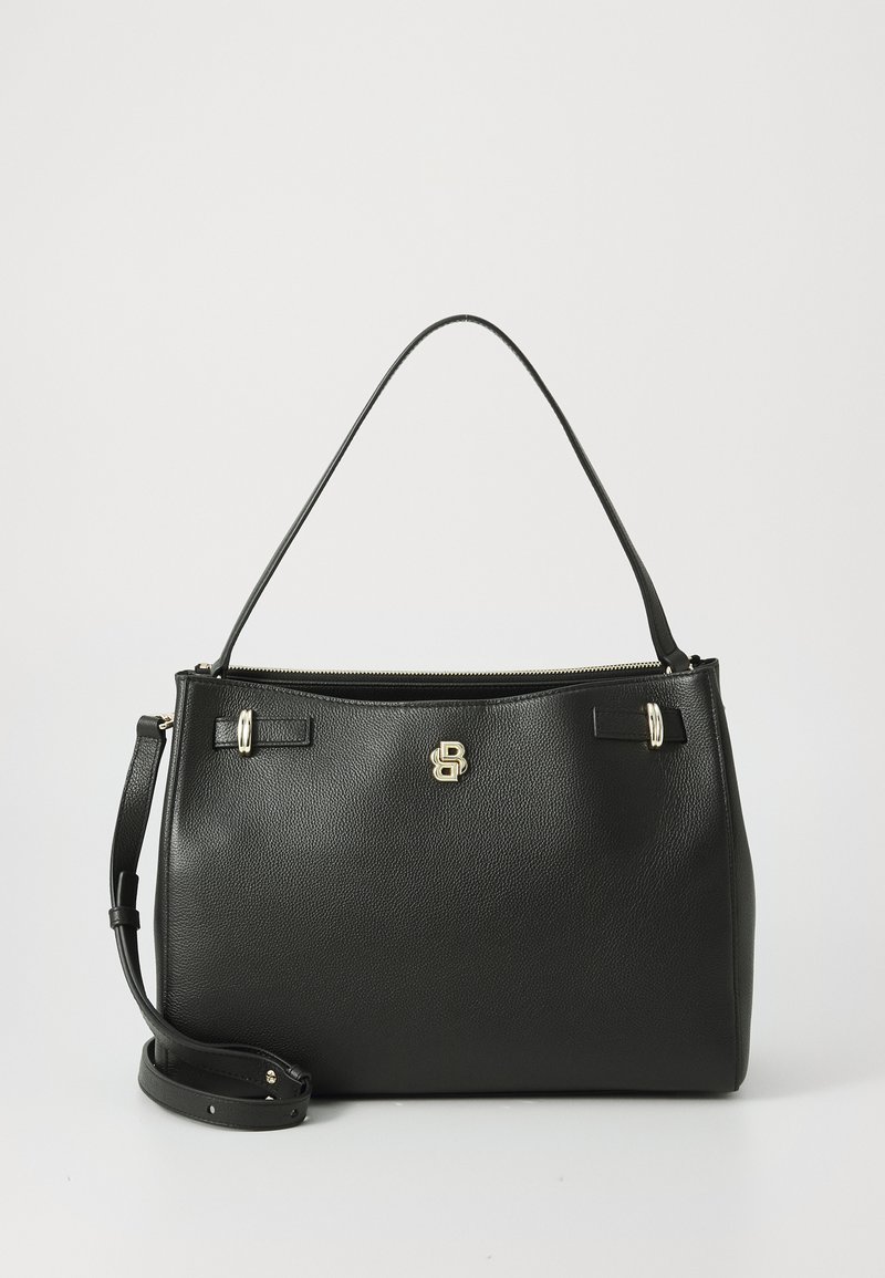Black leather handbag with smooth texture, structured shape, top handle, removable shoulder strap, and gold-tone hardware accents.