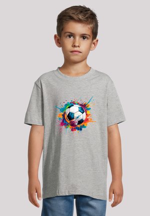 Gray short-sleeve t-shirt featuring a colorful splatter design centered around a black and white soccer ball. Cotton material, casual fit.