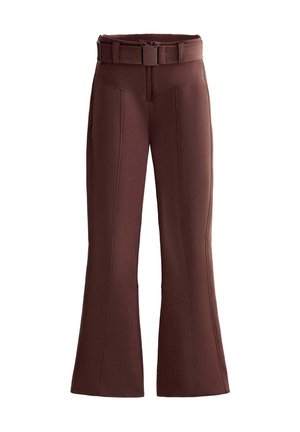 Braune, ausgestellte Hose aus weichem Material mit einem breiten Bund, die detaillierte Nähte und diagonale Akzente auf der Vorderseite aufweist.