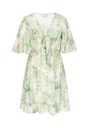 Lysecremefarvet kjole med grønt blomsterprint, V-hals, korte flagrende ærmer, bindebånd foran i taljen og flæsekant nederst.