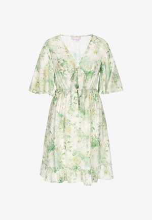 Lichtcrèmekleurige jurk met groene bloemenprint, V-hals, korte vlindermouwen, strik aan de voorkant in de taille en gerimpelde zoom.
