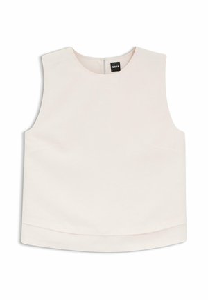 Top corto bianco senza maniche con scollo rotondo e una piccola etichetta nera BOSS vicino al colletto sul retro interno.