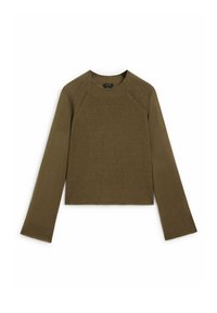 Pull en maille vert kaki à manches longues, col rond et coupe courte. Détails côtelés à l'ourlet et aux poignets.