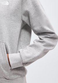 Personne portant un sweat-shirt The North Face gris clair avec la main gauche dans la poche avant, vue de profil sur un fond uni.