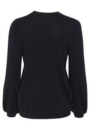 Maglione nero a collo rotondo con maniche lunghe e dettagli arricciati sulle spalle. Tessuto morbido a maglia e polsini aderenti.