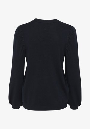 Melns džemperis ar gariem piedurknēm, apaļu kakla izgriezumu un sakopotas detaļas plecos. Mīksta adījuma tekstūra un pieguļošas aproces.