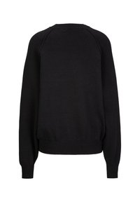 Schwarzer Pullover, weiches Strickmaterial, runder Ausschnitt, Raglanärmel, leicht gerippter Saum und Bündchen, minimalistisches Design ohne sichtbare Muster oder Akzente.