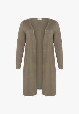 Cardigan taupe lungo, aperto sul davanti, con maniche lunghe e una texture morbida a maglia, progettato per un look casual o da ufficio.
