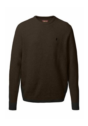 Mørkebrun genser med rund hals og lange ermer, ribbestrikkede cuffs og kant, med en liten brodert logo på venstre bryst.