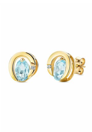 Goldene Ohrringe mit einem tropfenförmigen blauen Edelstein, umgeben von einem kreisförmigen Design, akzentuiert mit kleinen klaren Steinen.