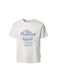 Camiseta de algodón blanca con texto azul: "¿Sientes hambre?" y una ilustración de un sándwich de carne asada, con el nombre de la marca "PEPE JEANS."