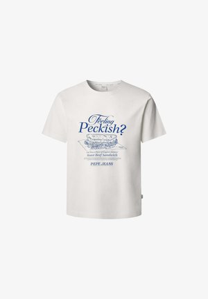 Balta medvilninė marškinėlė su mėlyna užrašu: "Jaučiatės alkanas?" ir iliustracija su kepta jautienos sumuštiniu, su prekės ženklu "PEPE JEANS."