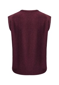 Suéter sin mangas burdeos con cuello redondo, textura de punto suave y un ajuste holgado. Sin adornos ni patrones adicionales.