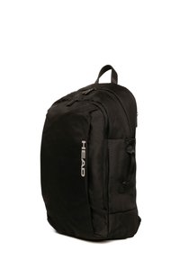 Zwarte rugzak gemaakt van duurzaam materiaal, met een slank ontwerp, twee ritscompartimenten en een zijvak. Accented met een "HEAD" logo.