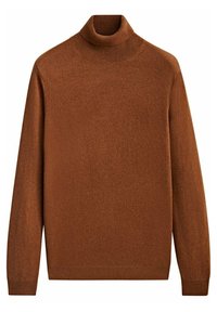 Maglione a collo alto marrone a maniche lunghe con colletto, polsini e orlo a coste, mostrato su uno sfondo bianco semplice.