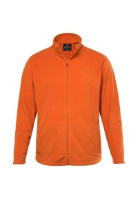Orange fleece jacket with a zippered front, high collar, and two side pockets. Features a small logo embossed on the chest. Soft texture.