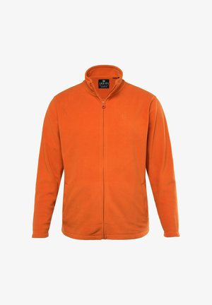 Pomarańczowa kurtka polarowa z zamkiem z przodu, wysokim kołnierzem i dwiema bocznymi kieszeniami. Posiada małe logo wytłoczone na klatce piersiowej. Miękka faktura.