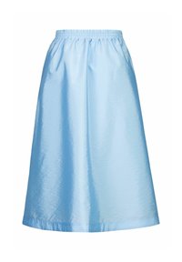 Himmelblaue Rock aus glänzendem Stoff mit elastischem Bund. Ausgestellte Silhouette, knielang, glatte Textur und keine sichtbaren Muster oder Akzente.