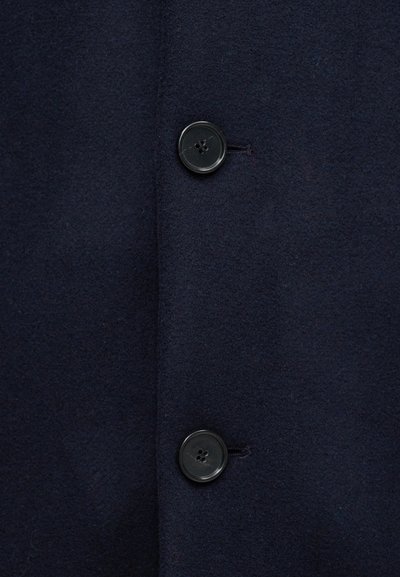 Navy wool coat with a soft texture, featuring a round black button at the center and a clean, simple design without additional embellishments.