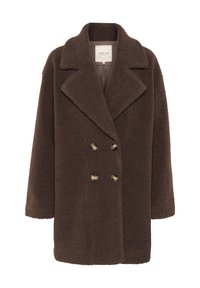 Pruun kahepoolne mantel, mis on valmistatud tekstureeritud kangast, millel on lai krae ja kaks kuldset nuppu. Lühikesed varrukad ja sirge lõikega disain.