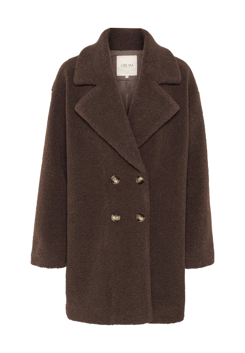 Brauner doppelt-knappierter Mantel aus strukturiertem Stoff, mit breitem Kragen und zwei goldenen Knöpfen. Kurze Ärmel und gerade geschnittenes Design.