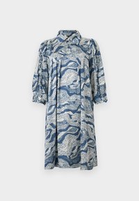 Abito in cotone blu con colletto, maniche a sbuffo e un motivo floreale astratto bianco. Vestibilità ampia e lunghezza al ginocchio.