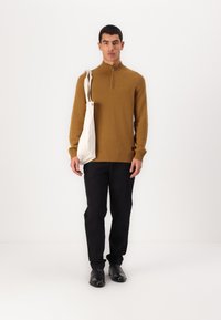 Pullover marrone con zip e collo alto, rifinito con polsini e orlo a costine, abbinato a pantaloni neri e una borsa a tracolla in tessuto chiaro. Il modello è in piedi davanti a uno sfondo neutro.