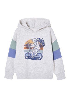 Light gray hoodie with green and blue sleeve stripes, featuring a graphic of a person riding a bike with palm trees and sunset in the background.