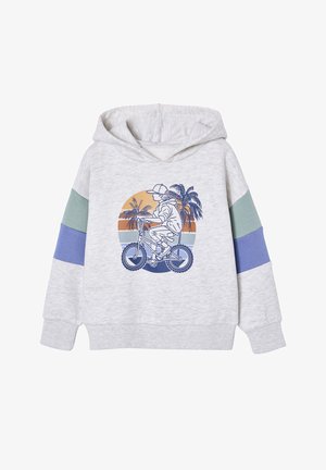 Hellgrauer Hoodie mit grünen und blauen Streifen auf den Ärmeln, zeigt eine Grafik einer Person, die Fahrrad fährt, mit Palmen und Sonnenuntergang im Hintergrund.
