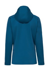 Veste bleue à capuche manches longues vue de dos, présentant une couture au bas du dos et un tissu uni et lisse.