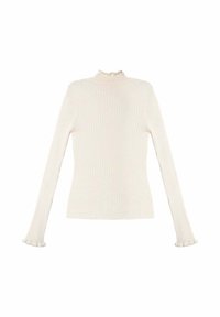Top de manga larga acanalado en color blanco roto con cuello alto y puños con volantes. El material parece suave y elástico, ofreciendo una silueta ajustada.
