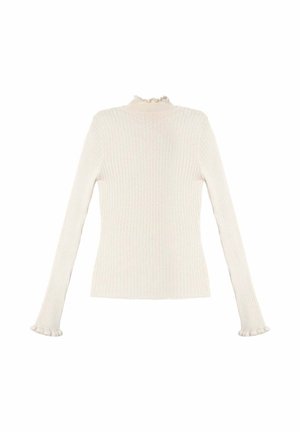 Top de manga larga acanalado en color blanco roto con cuello alto y puños con volantes. El material parece suave y elástico, ofreciendo una silueta ajustada.