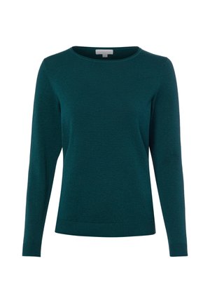 Dunkel petrolfarbener Strickpullover mit langen Ärmeln, rundem Ausschnitt sowie gerippten Bündchen und Saum, auf weißem Hintergrund dargestellt.