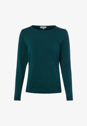 Pull en maille bleu sarcelle foncé à manches longues avec un col rond et des poignets et un ourlet côtelés, présenté sur fond blanc.