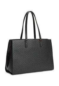 Μαύρη τσάντα tote από δερματίνη με υφή γεωμετρικού σχεδίου, διπλές λαβές και ευρύχωρο, διαρθρωμένο σχήμα κατάλληλο για καθημερινή χρήση.