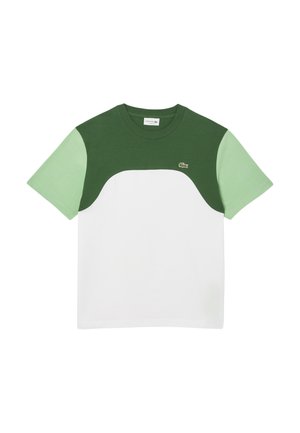 T-shirt a blocchi di colore verde e verde chiaro con pannello anteriore bianco, realizzato in cotone, con un piccolo logo sul petto. Maniche corte.