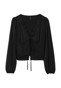 Top corto nero realizzato in tessuto morbido, con scollatura a V profonda bordata in pizzo, lunghe maniche a sbuffo e chiusura anteriore con fiocco.