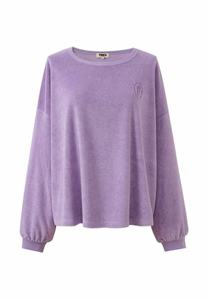 Lila Langarm-Sweatshirt aus weichem, strukturiertem Stoff. Verfügt über einen runden Ausschnitt, überschnittene Schultern und elastische Bündchen. Kleines Logodetail.
