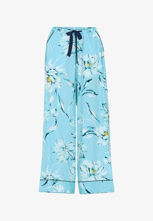 Pantaloni floreali azzurri chiari con vita a cordoncino, caratterizzati da grandi fiori bianchi e gialli, design fluido e gambe larghe.