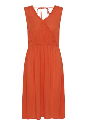 Orange dress with a V-neckline, sleeveless design, adjustable tie straps, and a gathered waist. Made of soft fabric with a flowing silhouette.