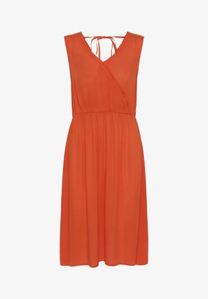 Orange dress with a V-neckline, sleeveless design, adjustable tie straps, and a gathered waist. Made of soft fabric with a flowing silhouette.