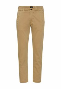 Beige Chinos mit slim Fit, die vordere Taschen und einen Knopfverschluss an der Taille aufweisen, vor einem weißen Hintergrund präsentiert.