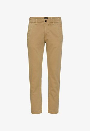 Lysebrune chinos med slim fit, der har for- og baglommer samt knaplukning i taljen, vist mod en hvid baggrund.